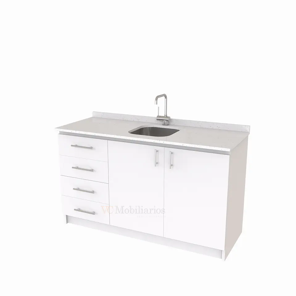 Mueble lavaplatos Simple de 150 cm / Cuarzo blanco galaxys / Centrado / Blanco 1