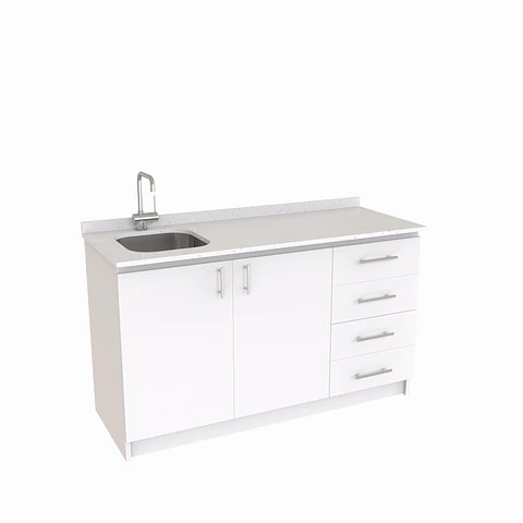 Mueble lavaplatos Simple de 150 cm / Cuarzo blanco galaxys / Derecho / Blanco