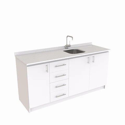Mueble lavaplatos Simple de 160 cm / Cuarzo blanco galaxys / Centrado / Blanco