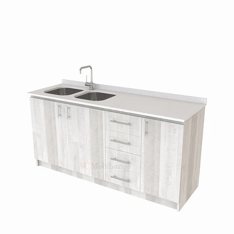 Mueble lavaplatos Doble de 180 cm / cuarzo blanco galaxys / Derecho / Legno