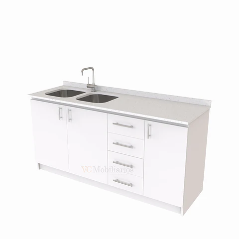 Mueble lavaplatos Doble de 180 cm / cuarzo blanco galaxys / Derecho / Blanco