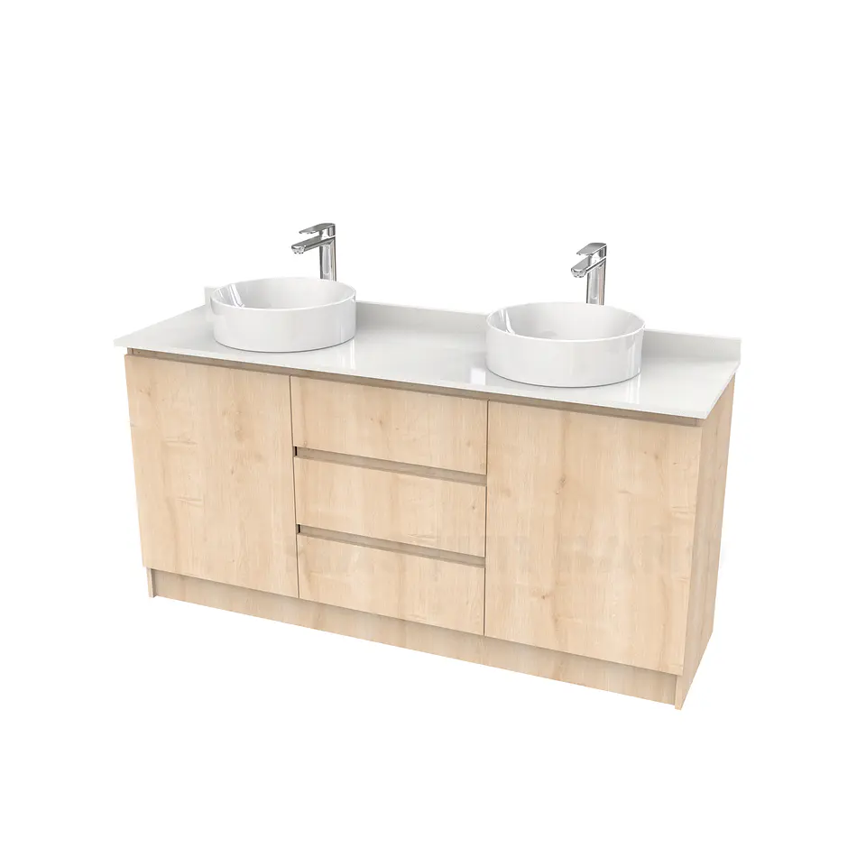 Mueble vanitorio al piso doble para lavamanos de sobreponer de 140cm /  M2-1438-DP / Rustico 1