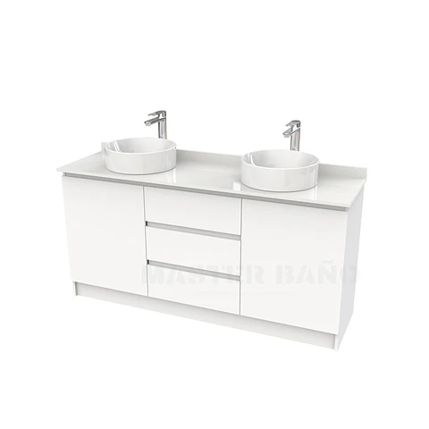 Mueble vanitorio al piso doble para lavamanos de sobreponer de 150cm /  M2-1538-DP / Blanco