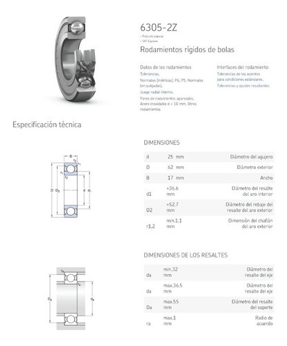 Rodamiento 6305-2z -skf Rígido De Bolas Medidas: 25x62x17 Mm 2