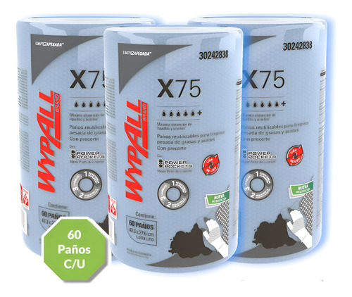Paños Wypall X75 Reutilizables 3 Rollos X60 Paños C/u 1