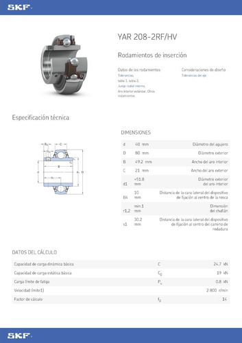 Rodamiento Yar 208-2rf/hv - Skf Medidas: 40x80x49,2x21 3