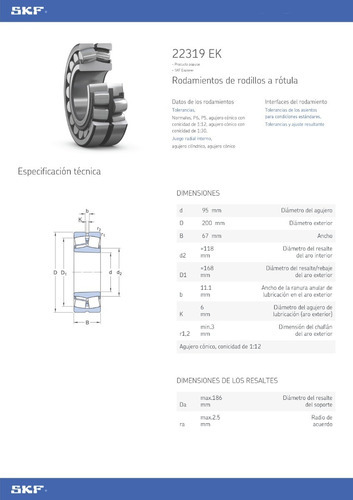 Rodamiento 22319 Ek De Rodillos A Rotula Med: 95x200x67 Mm. 2