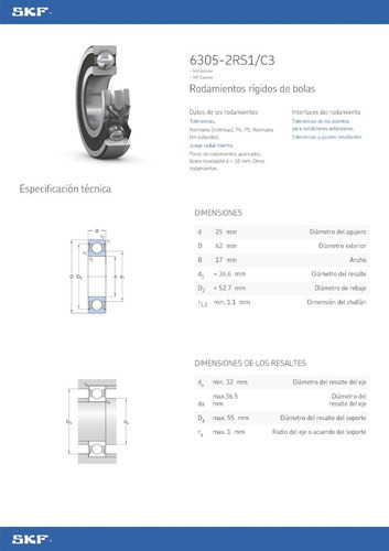 Rodamiento 6305-2rs1/c3 Skf Rígido De Bolas Med: 25x62x17 Mm 2