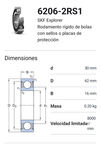 Rodamiento 6206-2rs1 Rígido De Bolas Skf Medidas 30x62x16 Mm 2