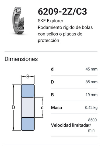 Rodamiento 6209-2z/c3 Skf Rígido De Bolas Med: 45x85x19 Mm. 2