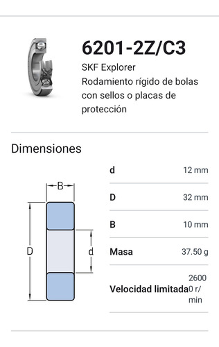 Rodamiento 6201-2z/c3 Rígido De Bolas - Skf Medida: 12x32x10 2