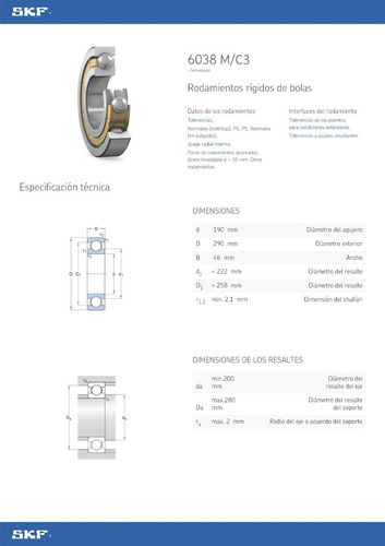Rodamiento 6038-m/c3 Rígido De Bolas Medidas: 190x290x46 Mm. 2