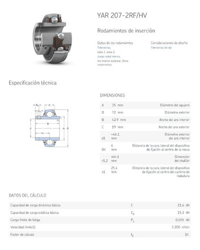 Rodamiento Yar 207-2rf/hv  Skf De Bolas Med: 35x72x42,9x19 5