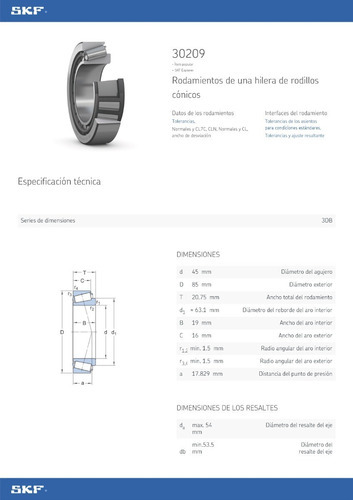 Rodamiento 30209 Skf Rodillos Cónicos Medidas 45x85x20.75 Mm 2