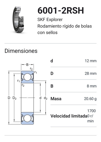 Rodamiento 6001-2rsh Rígido De Bolas Skf Medidas: 28x8x12 2
