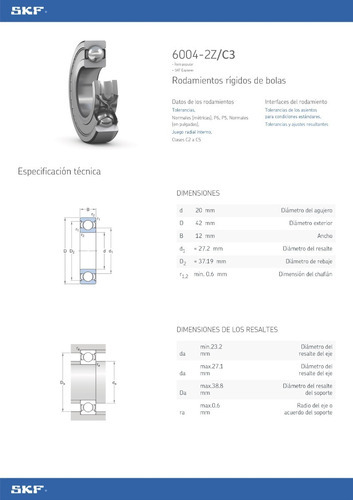 Rodamiento 6004-2z/c3 Rígido De Bolas Skf Medidas 20x42x12mm 2