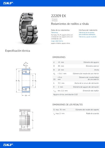 Rodamiento 22209 Ek De Rodillos A Rótula Medidas 45x85x23 Mm 3