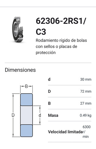 Rodamiento 62306-2rs1/c3 Rígido De Bolas Med: 72x30x27 Skf 2