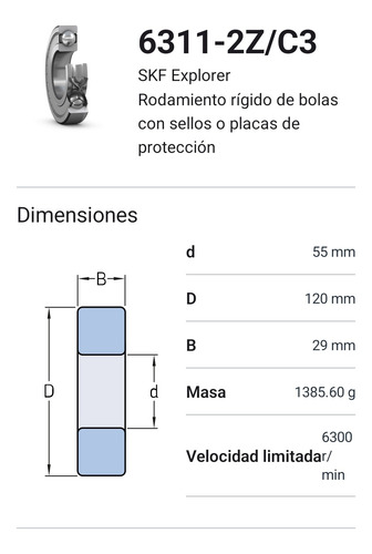 Rodamiento 6311-2z/c3 Rígido De Bolas Skf Medidas: 55x120x29 2