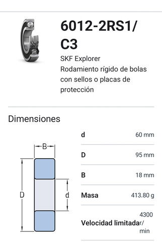 Rodamiento 6012-2rs1/c3 Rígido De Bolas Skf Med: 60x95x18 2