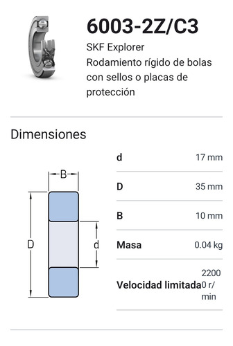 Rodamiento 6003-2z/c3 Rígido De Bolas Skf Medidas: 17x35x10 2