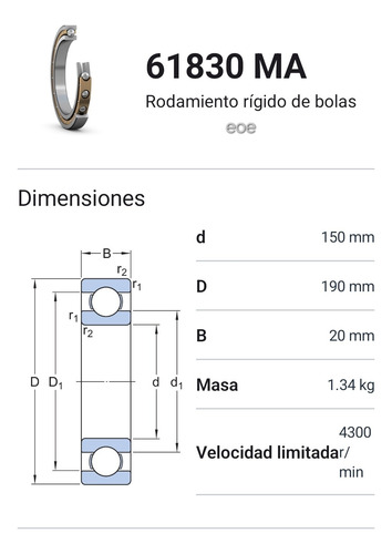 Rodamiento 61830 Ma Rígido De Bolas Skf Medidas: 150x190x20 2