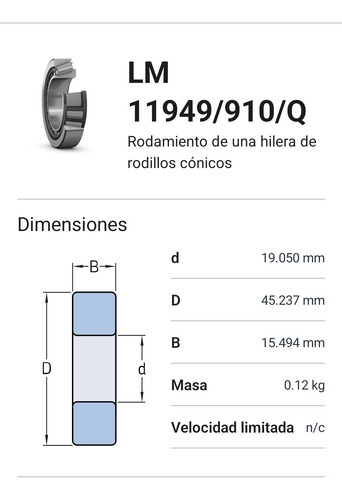 Rodamiento Lm 11949/910/q Rodi. Cónicos 19.05x45.237x16.637 2
