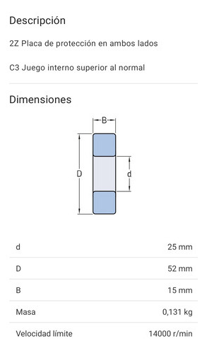 Rodamiento 6205-2z/c3 Skf Rígido De Bolas Med: 25x52x15 Mm. 2