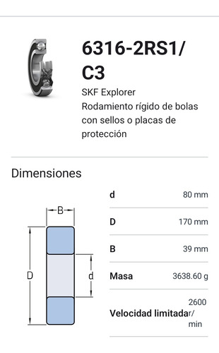 Rodamiento 6316-2rs1/c3 Rígido De Bolas Skf Med: 80x170x39 2