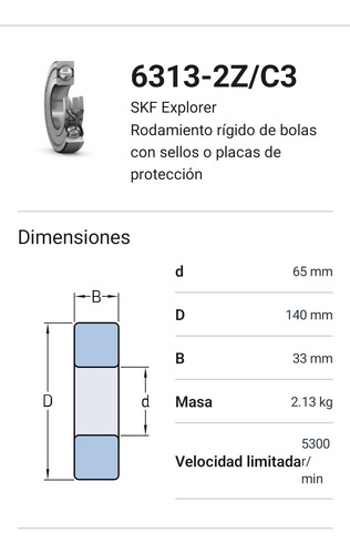 Rodamiento 6313-2z/c3 Rígido De Bolas Skf Medidas: 65x140x33 2