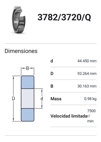 Rodamiento 3782/3720/q Rod. Cónicos Med: 44,45x93,264x30,302 2