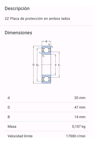 Rodamiento 6204-2z Skf Rígido De Bolas Skf Med: 20x47x14 Mm. 2