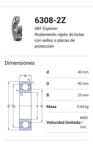 Rodamiento 6308-2z Rígido De Bolas - Medidas: 40x90x23 Skf 2