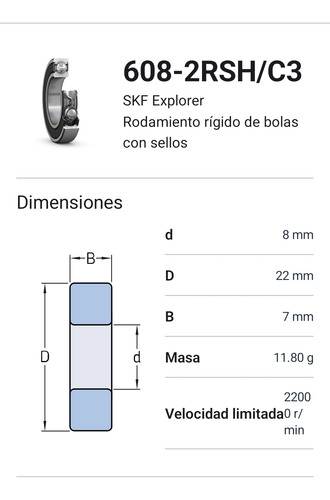 Rodamiento 608-2rsh/c3 Rígido De Bolas Mediadas: 8x22x7 2
