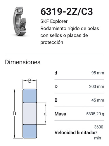 Rodamiento 6319-2z/c3 Rígido De Bolas Med: 95x200x45 Mm Skf 2