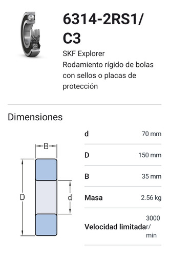 Rodamiento 6314-2rs1/c3 Rígido De Bolas Skf Med: 70x150x35 2