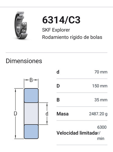 Rodamiento 6314/c3 Rígido De Bolas Skf Medidas: 70x150x35 2