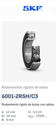 Rodamiento 6001-2rsh/c3 Rígido De Bolas Medidas: 12x28x8 7