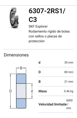 Rodamiento 6307-2rs1/c3 Rígido De Bolas Med: 35x80x21 Mm Skf 2