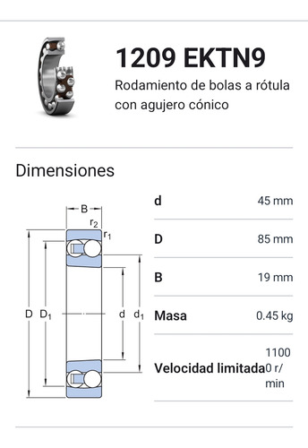 Rodamiento 1209 Ektn9 De Rodillos A Rotula Med: 45x85x19 2