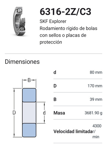 Rodamiento 6316-2z/c3 Rígido De Bolas Med: 80x170x39 Mm Skf 2