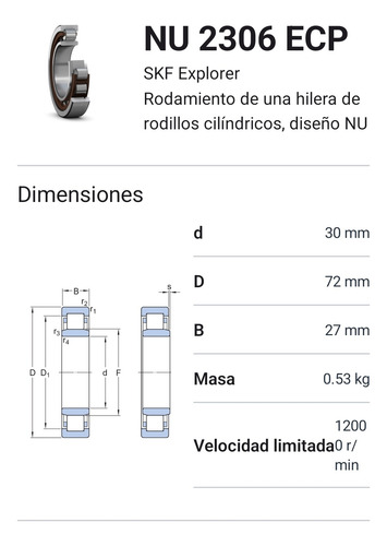 Rodamiento Nu 2306 Ecp De Rodillos Cilíndricos Med: 30x72x27 2