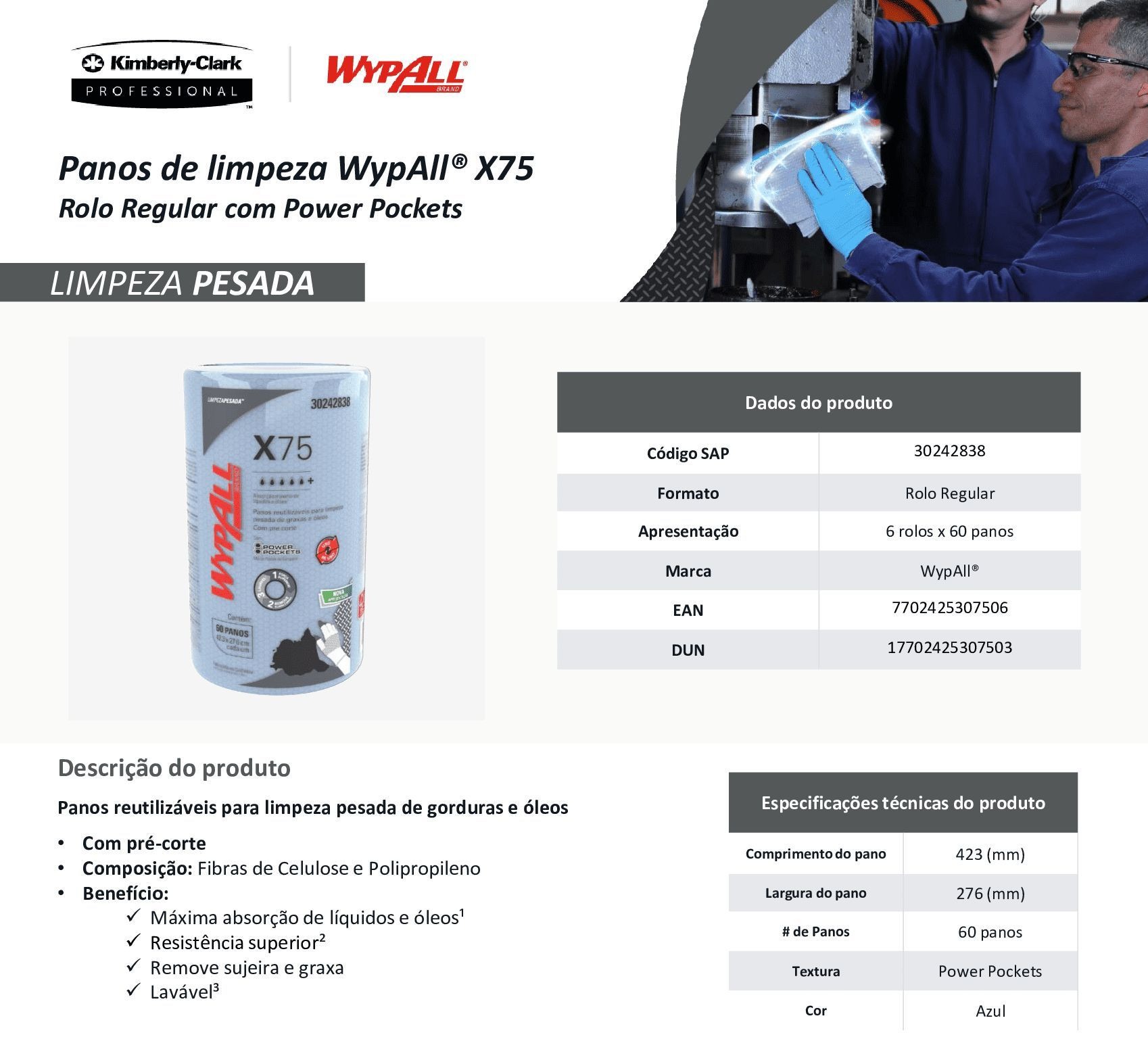 Paños Wypall X75 Reutilizables Rollo 1x60 Paños C/u 3