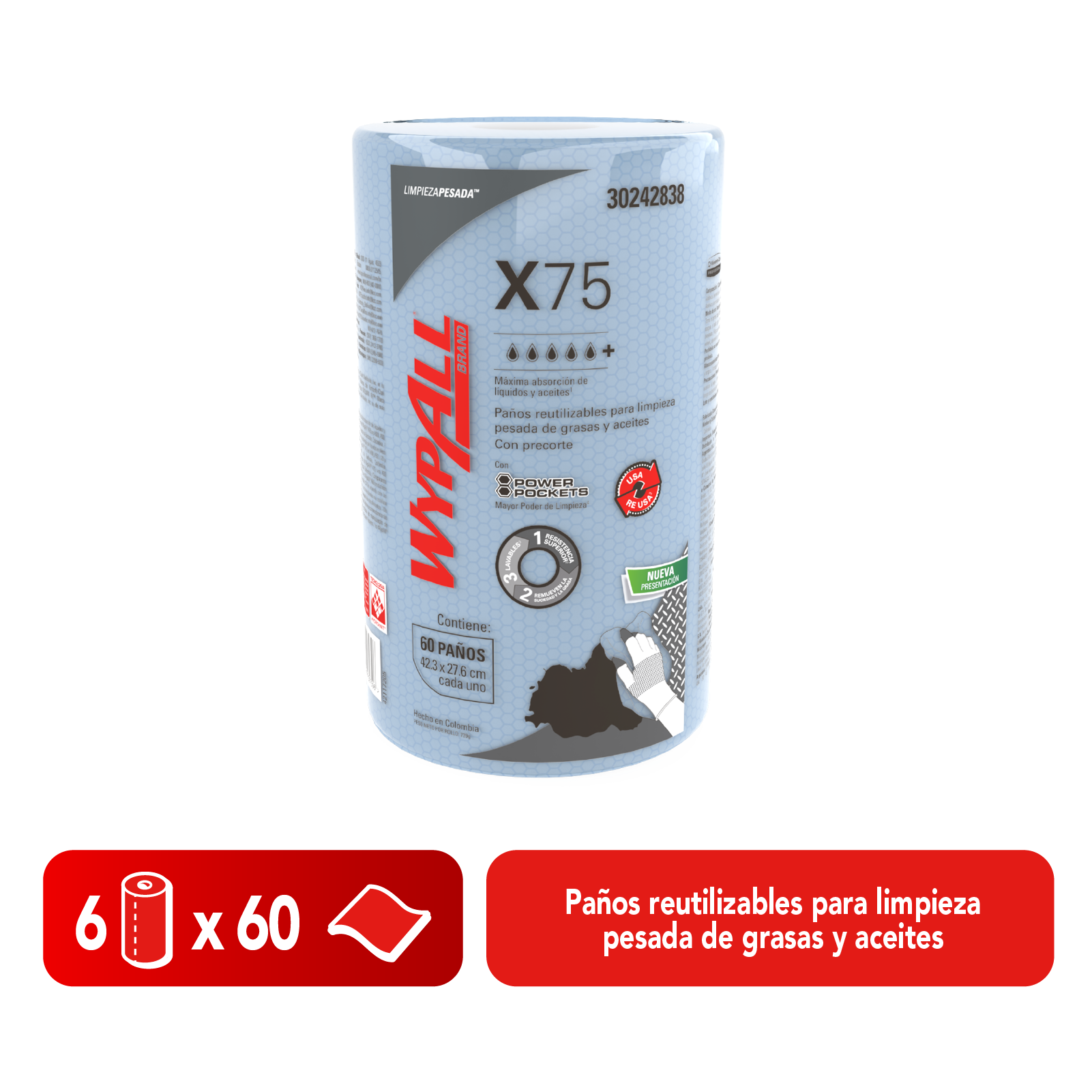 Paños Wypall X75 Reutilizables Rollo 1x60 Paños C/u 2