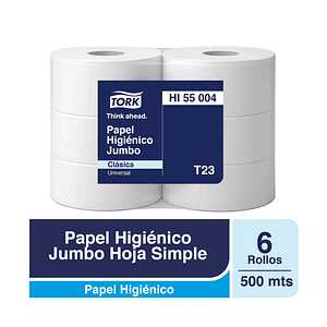 Papel Higiénico Jumbo Tork - 6 Rollos De 500 Metros c/u HI55004