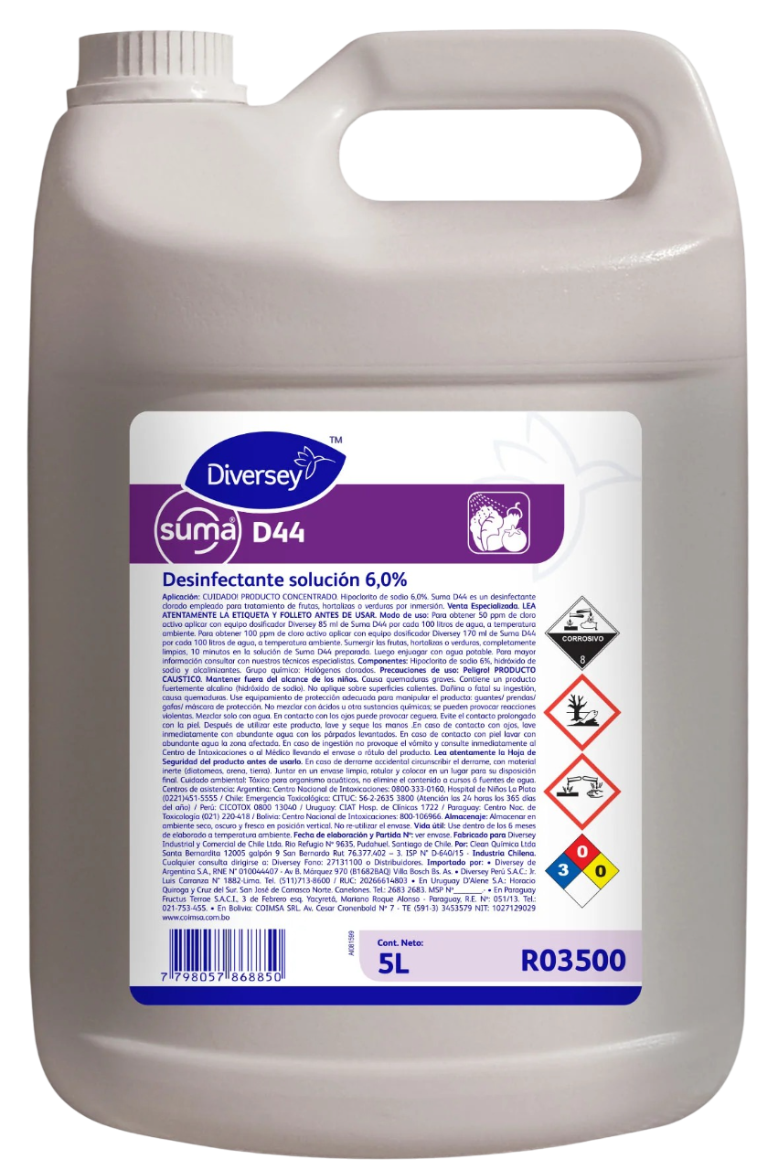 Desinfectante Clorado Suma D44 Para frutas, verduras y superficies 5 Lts. Diversey 1