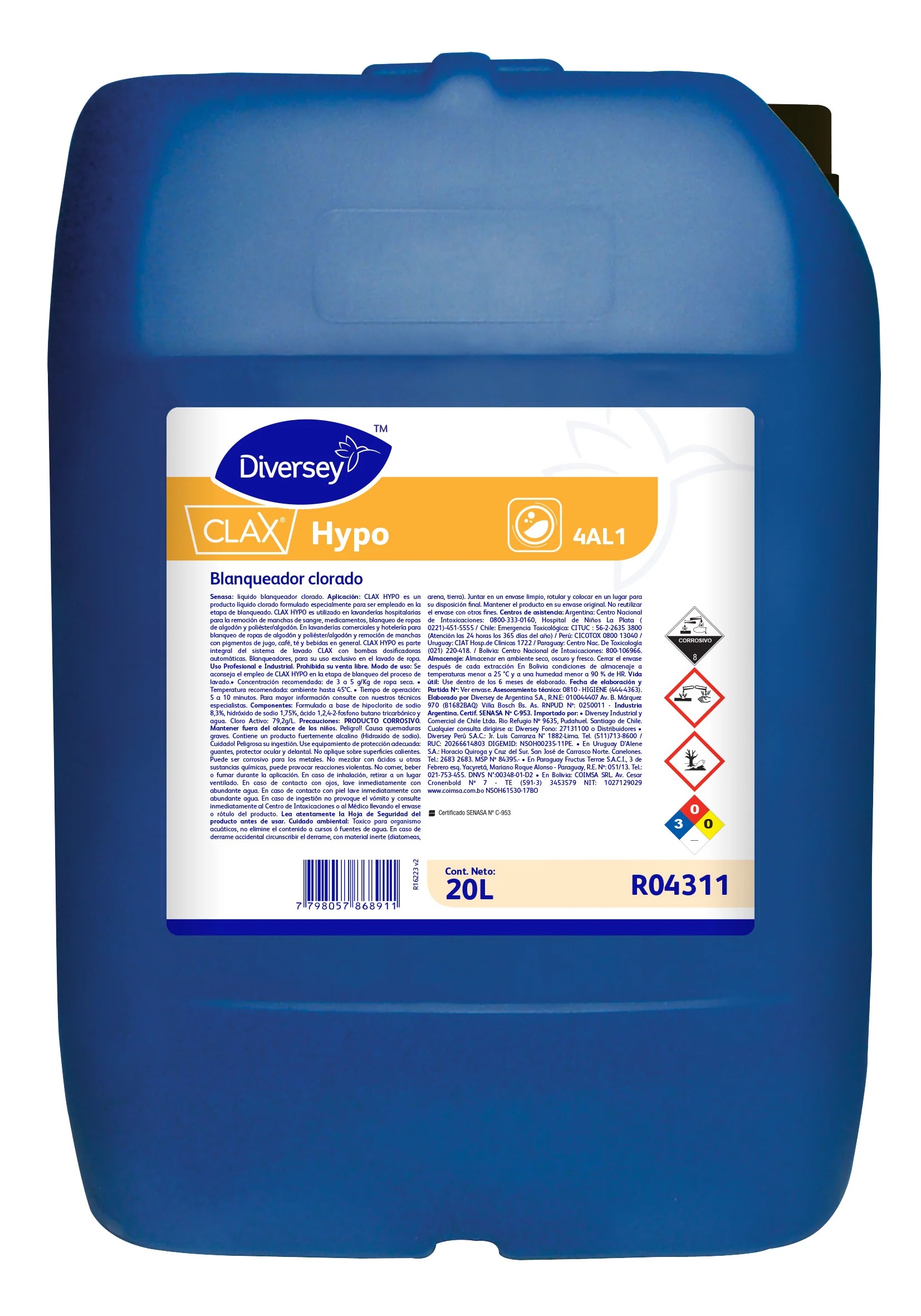 Blanqueador clorado Liquido 20 Lts. CLAX HYPO - Diversey 1