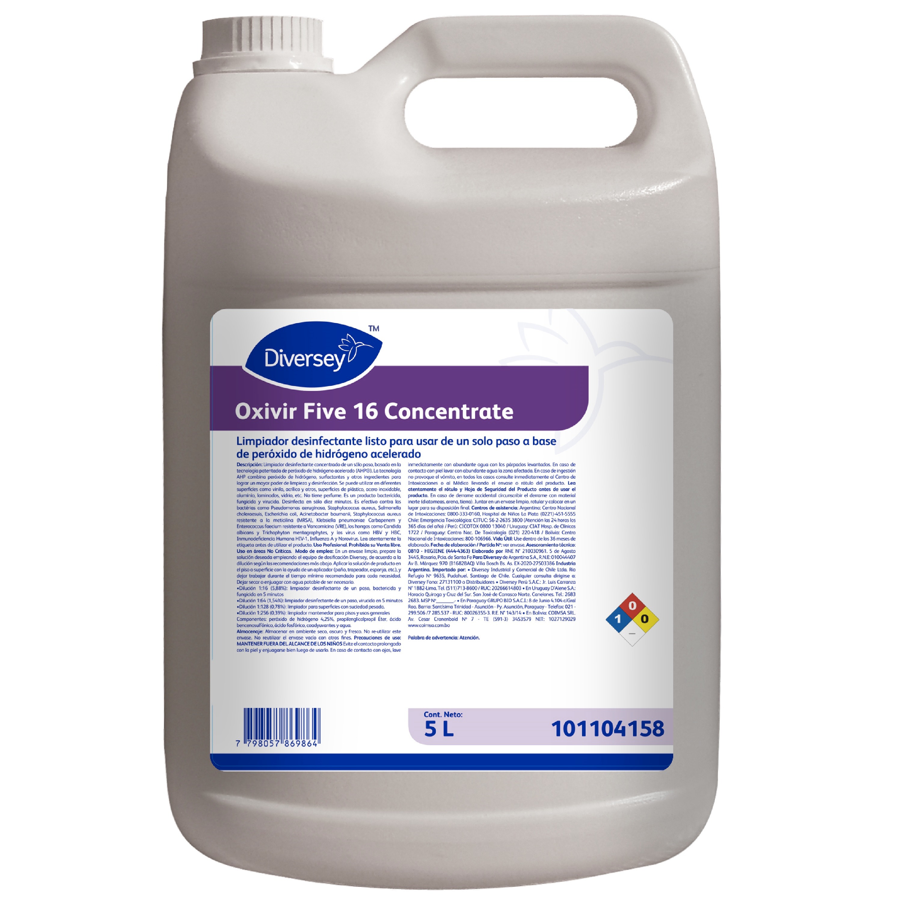 Desinfectante limpiador de un paso base peróxido hidrógeno 5 L. OXIVIR FIVE 1