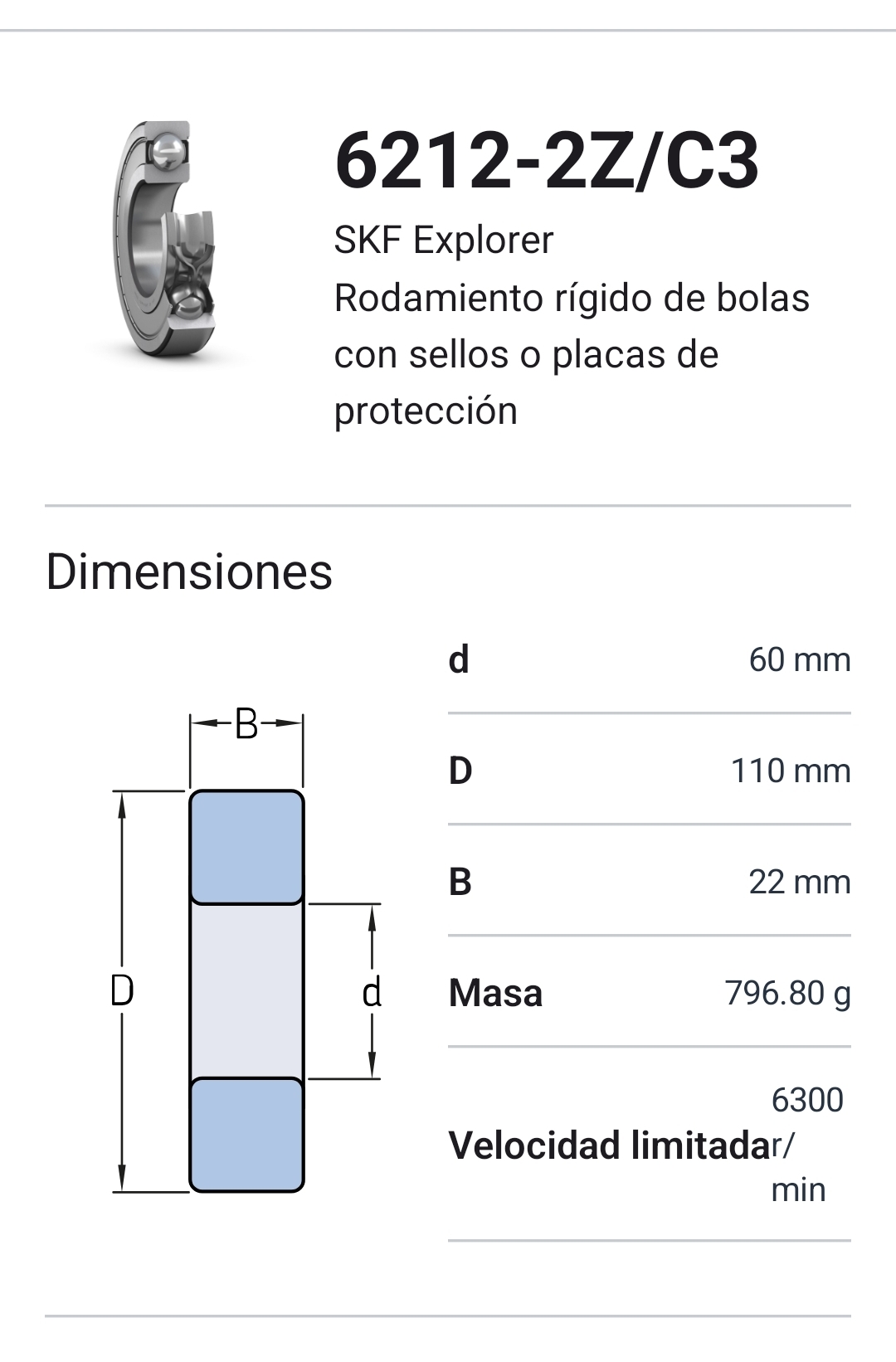  Rodamiento 6212-2z/c3 Skf Rígidos De Bolas Medida:60x110x22 2