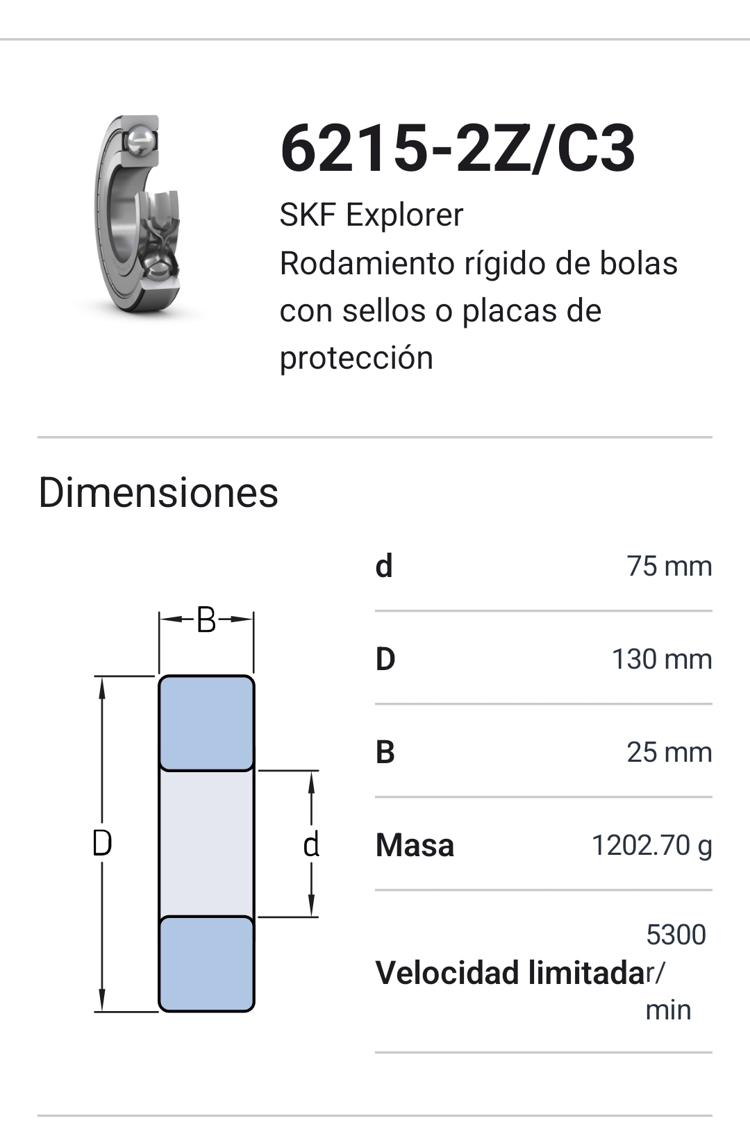 Rodamiento 6215-2Z/C3 rígido de bolas Medidas: 75x130x25 mm. 2